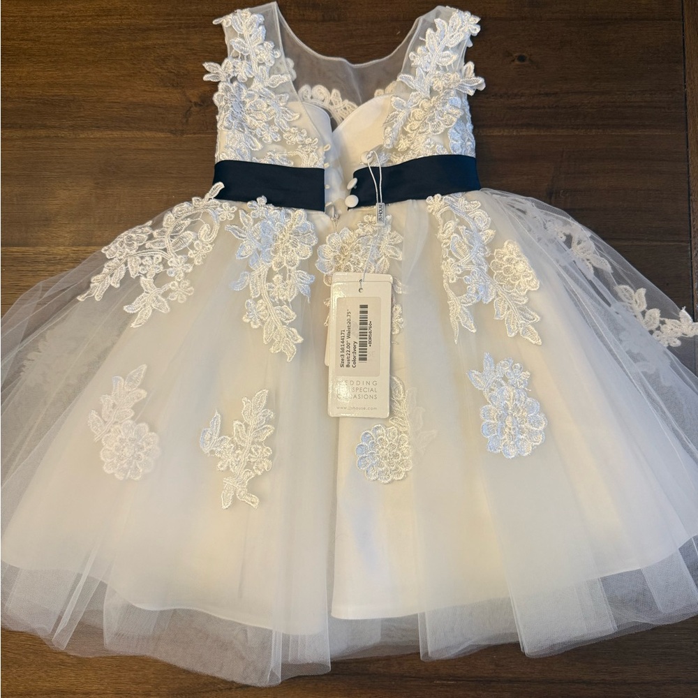 Ivory A-line Scoop Tea-Length Tulle Lace Flower Girl Dress Navy Sash size 3 NWT - Picture 2 of 3